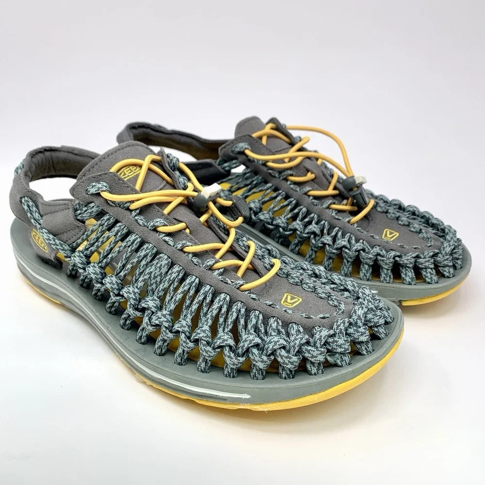 KEEN Uneek Sandals Men's 9 Grey Yellow Paracord Bungee Hiking Outdoors Slingback